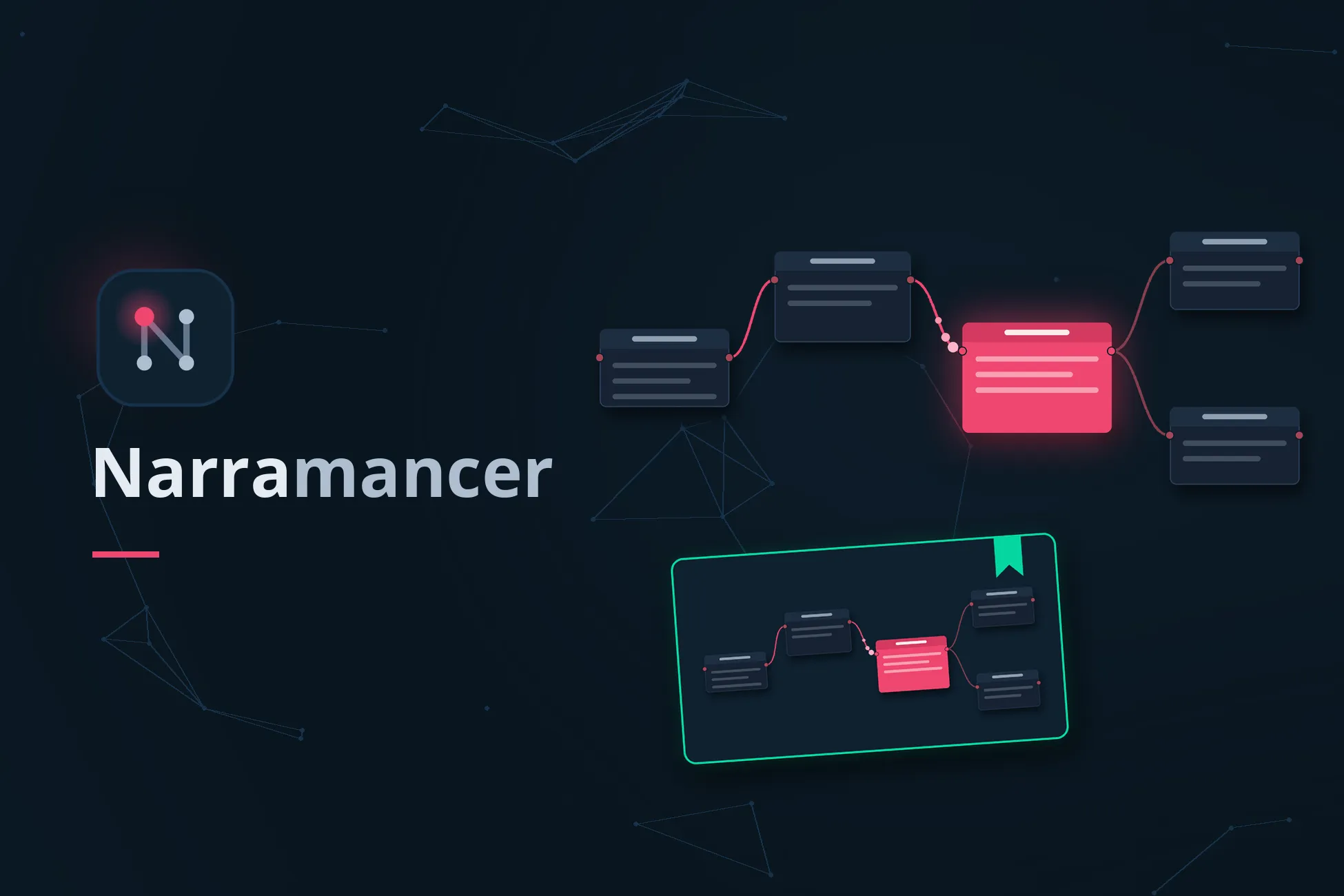 Narramancer: a chain of graph nodes with one running node highlighted, and a saved copy of the graph marked with a bookmark